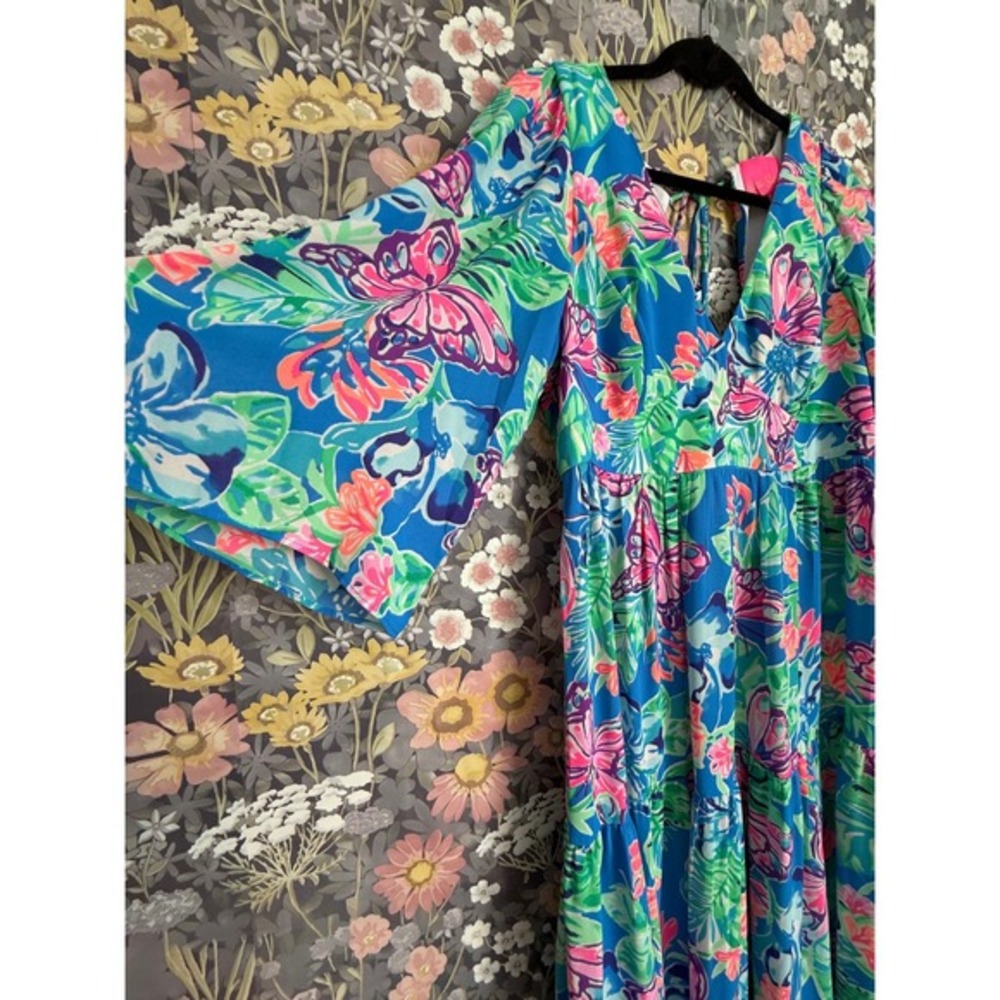 Lilly Pulitzer Rease Maxi Dress Butterfly Floral Print V‎ Neck Tie Back Size 8 - Picture 5 of 12